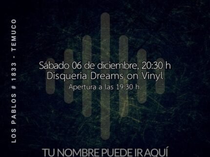 “Afiche en tonos oscuros y estilo premium del evento Dream Ticket Hi-Fi. En la parte superior se lee ‘Dream Ticket Hi-Fi – Premium’. Al centro aparece la fecha del evento: sábado 06 de diciembre, 20:30 h, en la Disquería Dreams on Vinyl, con apertura a las 19:30. En el fondo se ve un patrón visual que simula barras de ecualizador luminosas. En la parte inferior aparece un espacio para el nombre del participante, el logo de Dreams on Vinyl y los datos del ticket, con la frase ‘Participa por el sistema hi-fi de tus sueños’. Imagen estética, nocturna y de estilo audiófilo.”