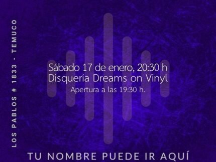 “Afiche en tonos oscuros y estilo digital del evento Dream Ticket Hi-Fi. En la parte superior se lee ‘Dream Ticket Hi-Fi – digital’. Al centro aparece la fecha del evento: sábado 17 de enero, 20:30 h, en la Disquería Dreams on Vinyl, con apertura a las 19:30. En el fondo se ve un patrón visual que simula barras de ecualizador luminosas. En la parte inferior aparece un espacio para el nombre del participante, el logo de Dreams on Vinyl y los datos del ticket, con la frase ‘Participa por el sistema hi-fi de tus sueños’. Imagen estética, nocturna y de estilo audiófilo.”