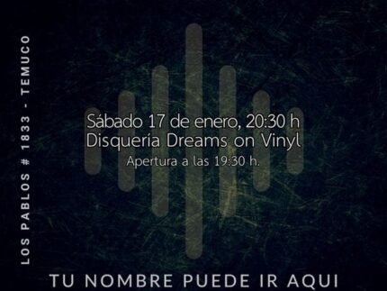 “Afiche en tonos oscuros y estilo premium del evento Dream Ticket Hi-Fi. En la parte superior se lee ‘Dream Ticket Hi-Fi – Premium’. Al centro aparece la fecha del evento: sábado 06 de diciembre, 20:30 h, en la Disquería Dreams on Vinyl, con apertura a las 19:30. En el fondo se ve un patrón visual que simula barras de ecualizador luminosas. En la parte inferior aparece un espacio para el nombre del participante, el logo de Dreams on Vinyl y los datos del ticket, con la frase ‘Participa por el sistema hi-fi de tus sueños’. Imagen estética, nocturna y de estilo audiófilo.”