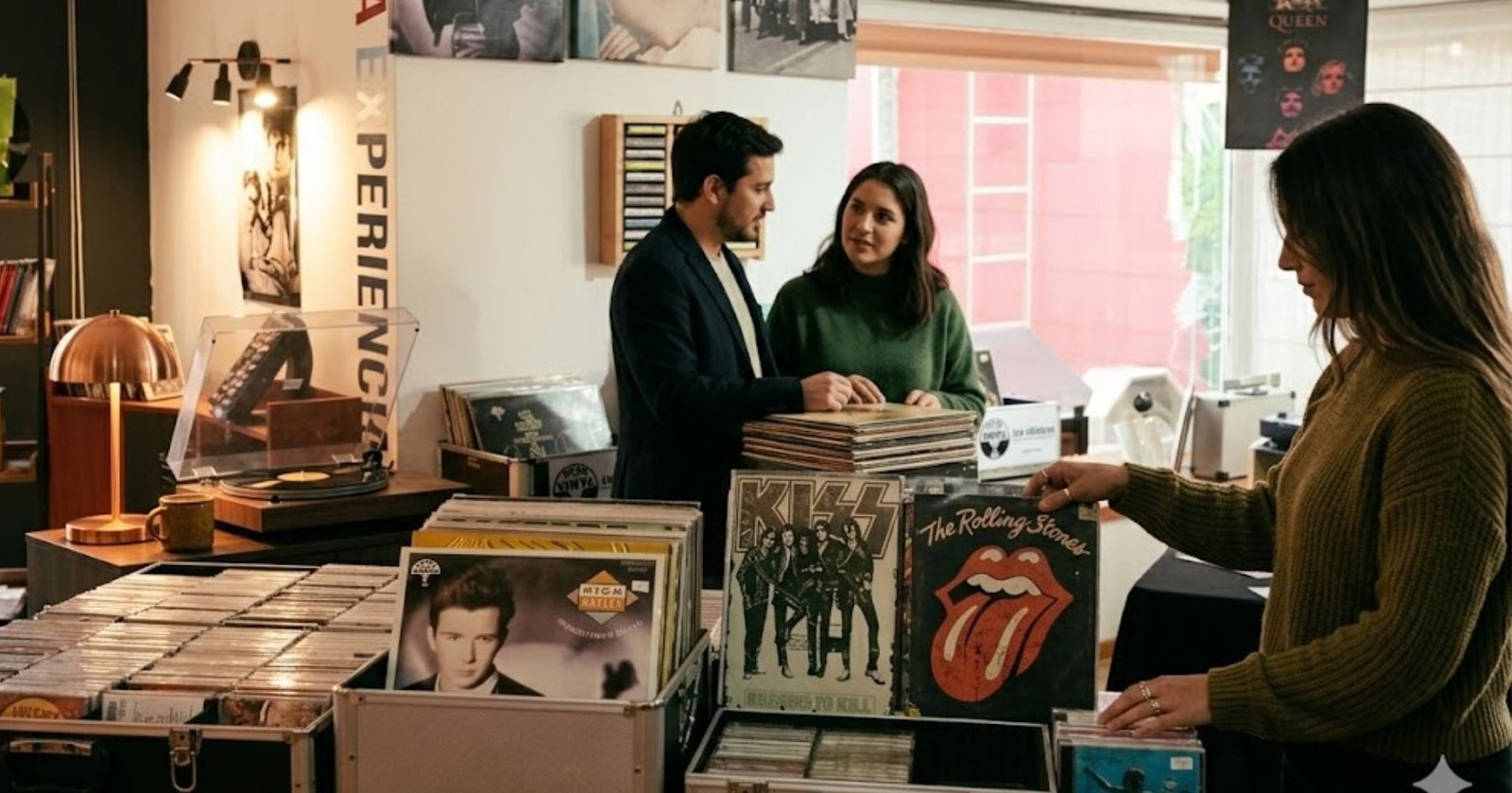 Fotografía de estilo editorial y analógico del interior de una disquería boutique con iluminación cálida. En primer plano, varias cajas metálicas y de madera exhiben discos de vinilo, destacando portadas de artistas como The Rolling Stones y Kiss. A la izquierda, sobre un mueble de madera oscura, se aprecia una tornamesa junto a una lámpara de mesa con acabado en cobre y una taza de café de cerámica. Al fondo, pegados en una columna blanca, se observan pósteres de música en blanco y negro y el texto vertical "VIVE LA EXPERIENCIA". Tres personas con vestimenta casual exploran los discos y conversan de manera natural en un ambiente acogedor y comunitario.