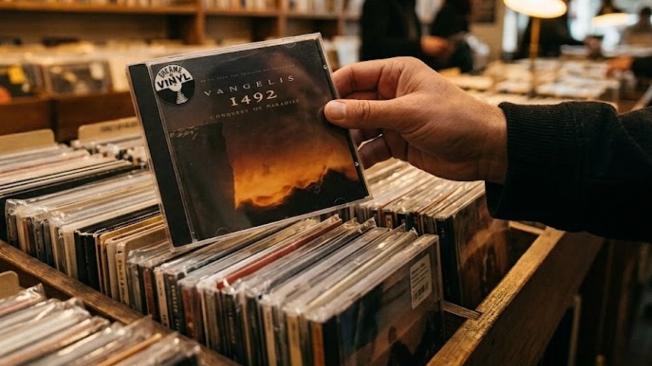 Mano revisando una fila de CDs en una disquería boutique con luz cálida