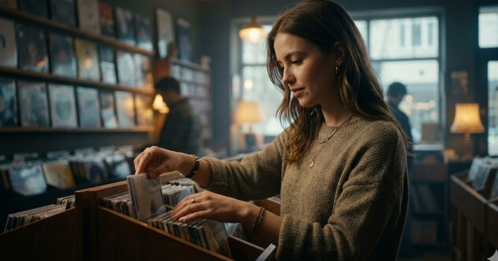 Persona revisando CDs en una disquería, eligiendo música física con calma