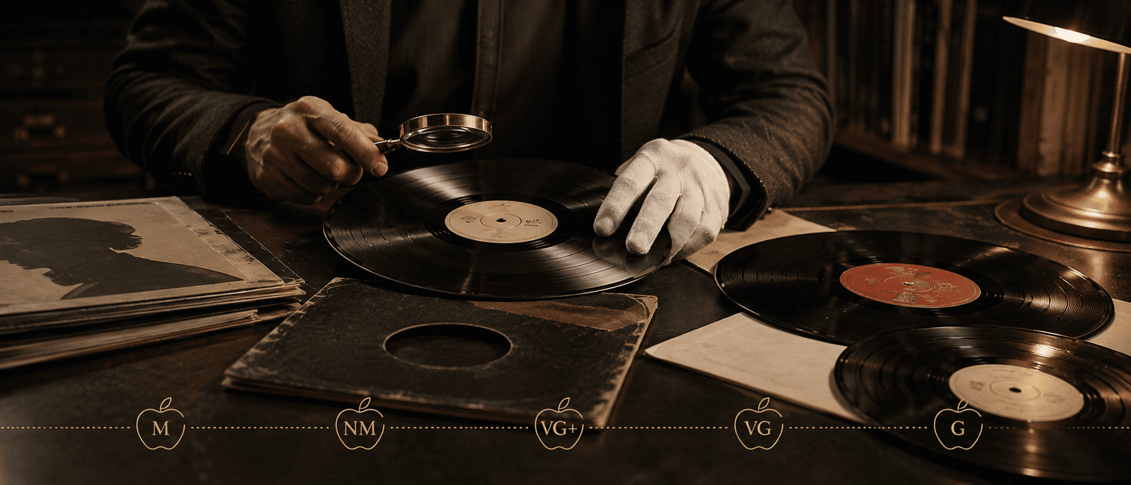 Persona evaluando discos de vinilo para clasificación Goldmine Standard