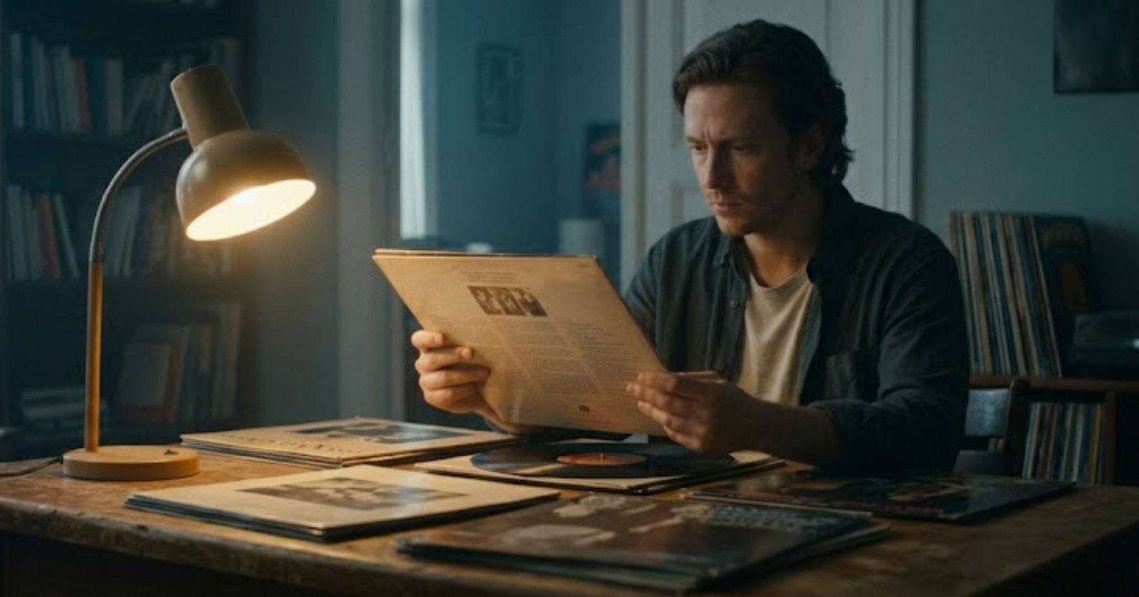 Persona revisando una colección de discos de vinilo sobre una mesa, como parte de una guía para elegir discos que aportan valor a una colección
