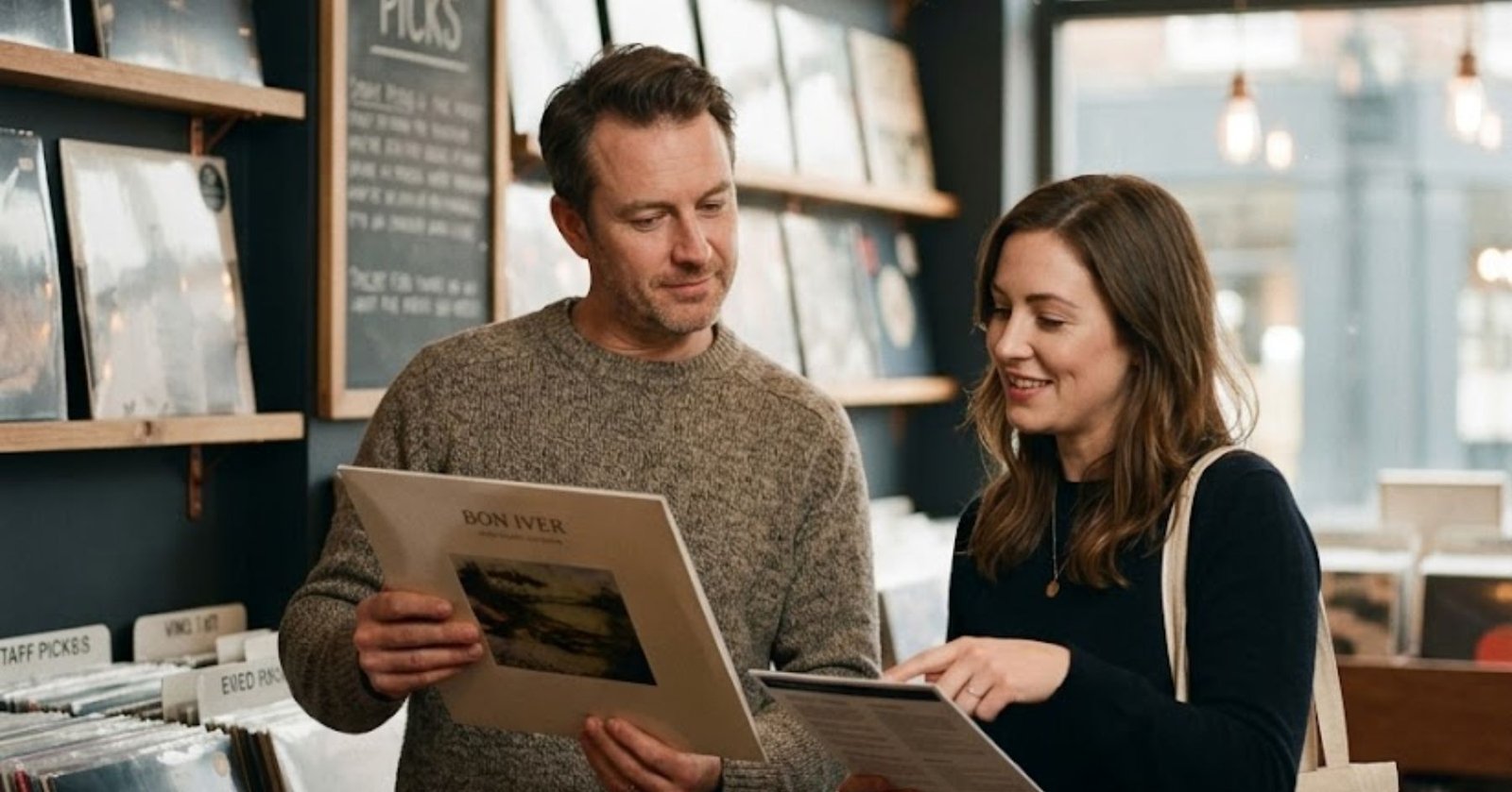 Un hombre de mediana edad con un suéter de punto marrón mira pensativamente un disco de vinilo de Bon Iver que sostiene en sus manos. Está de pie junto a una vendedora con un suéter negro que sonríe y señala información en un folleto. Están dentro de una acogedora tienda de discos con estantes de madera llenos de vinilos, paredes de color carbón oscuro, lámparas de cobre de estilo industrial y un letrero que dice "Staff Picks" (Selecciones del personal) en el fondo