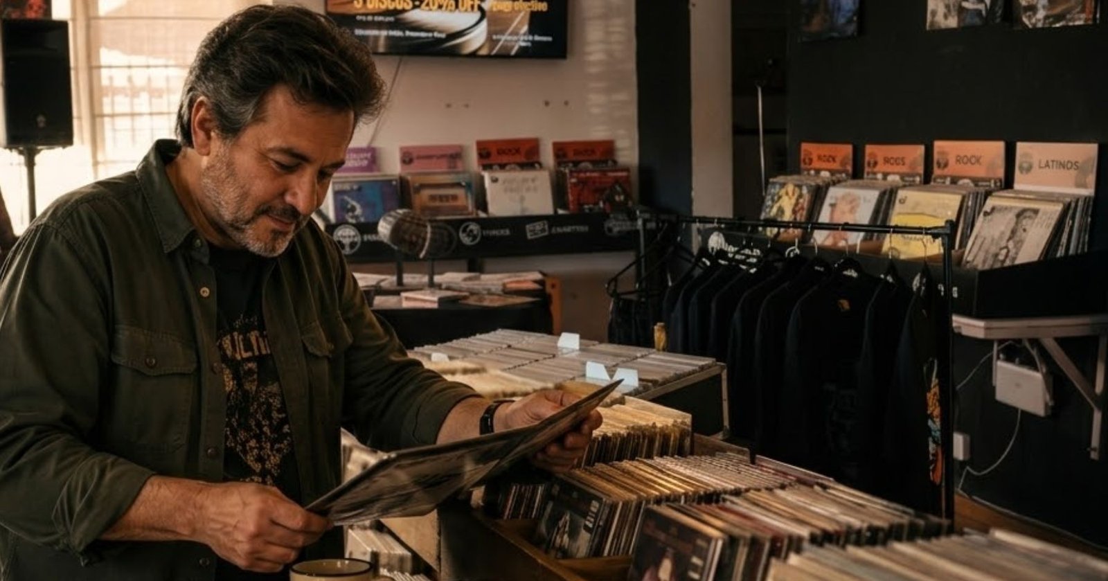 Padre melómano revisando discos de vinilo y CDs como posibles regalos del Día del Padre en una disquería cálida