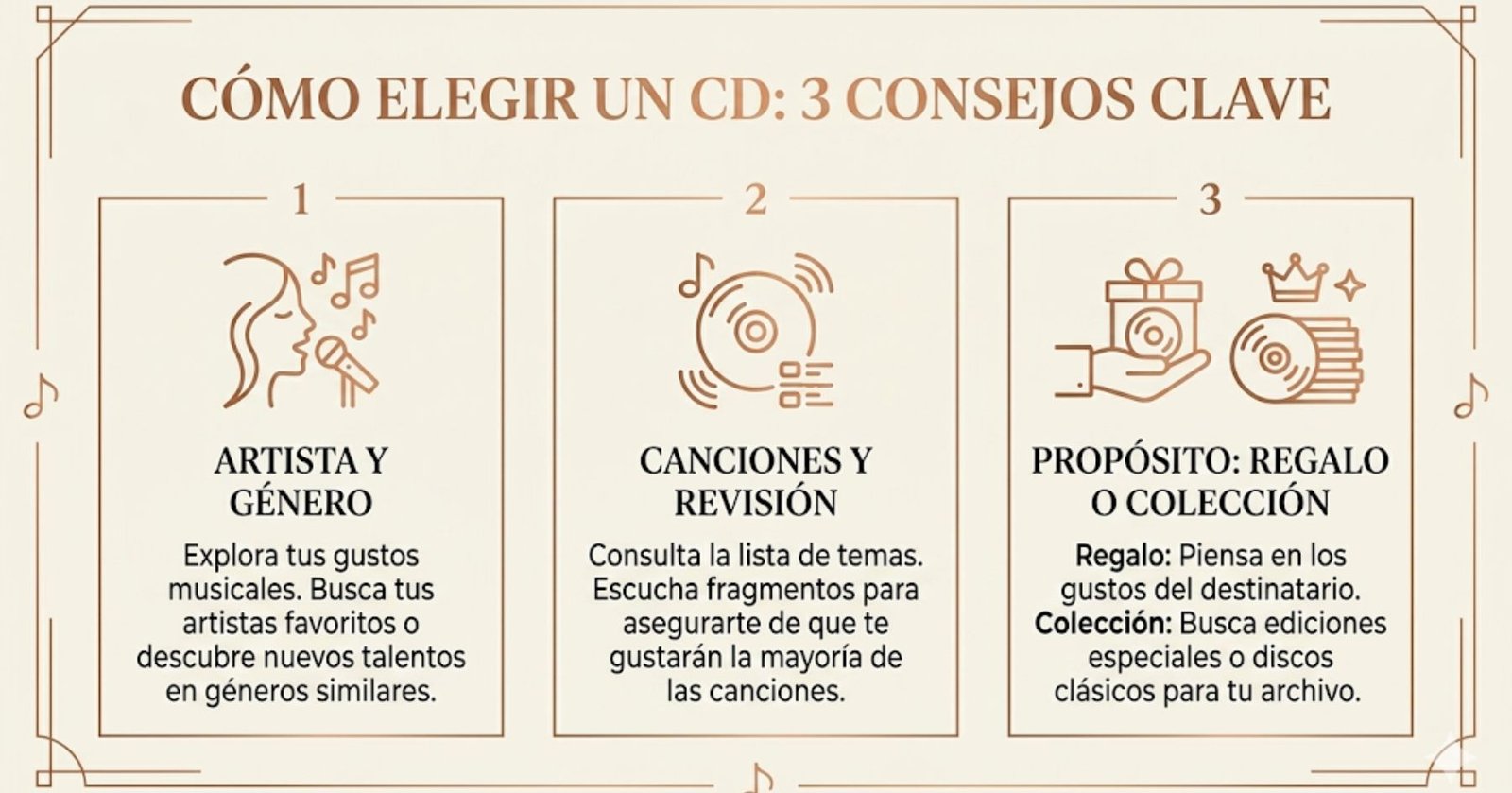 Mini infografía editorial sobre cómo elegir un CD según artista, canciones, regalo y colección