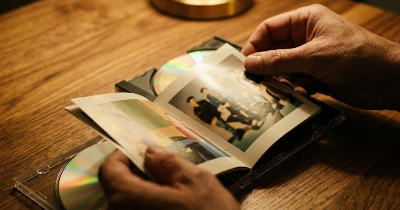 Manos abriendo una caja de CD y revisando el libreto interior con luz cálida