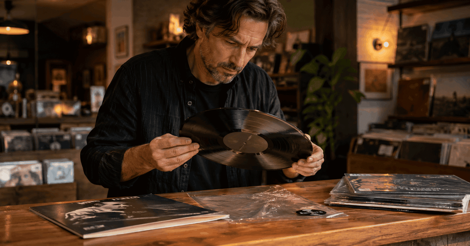 Encargado de una disquería revisando un vinilo nuevo recién abierto para detectar defectos de fabricación.