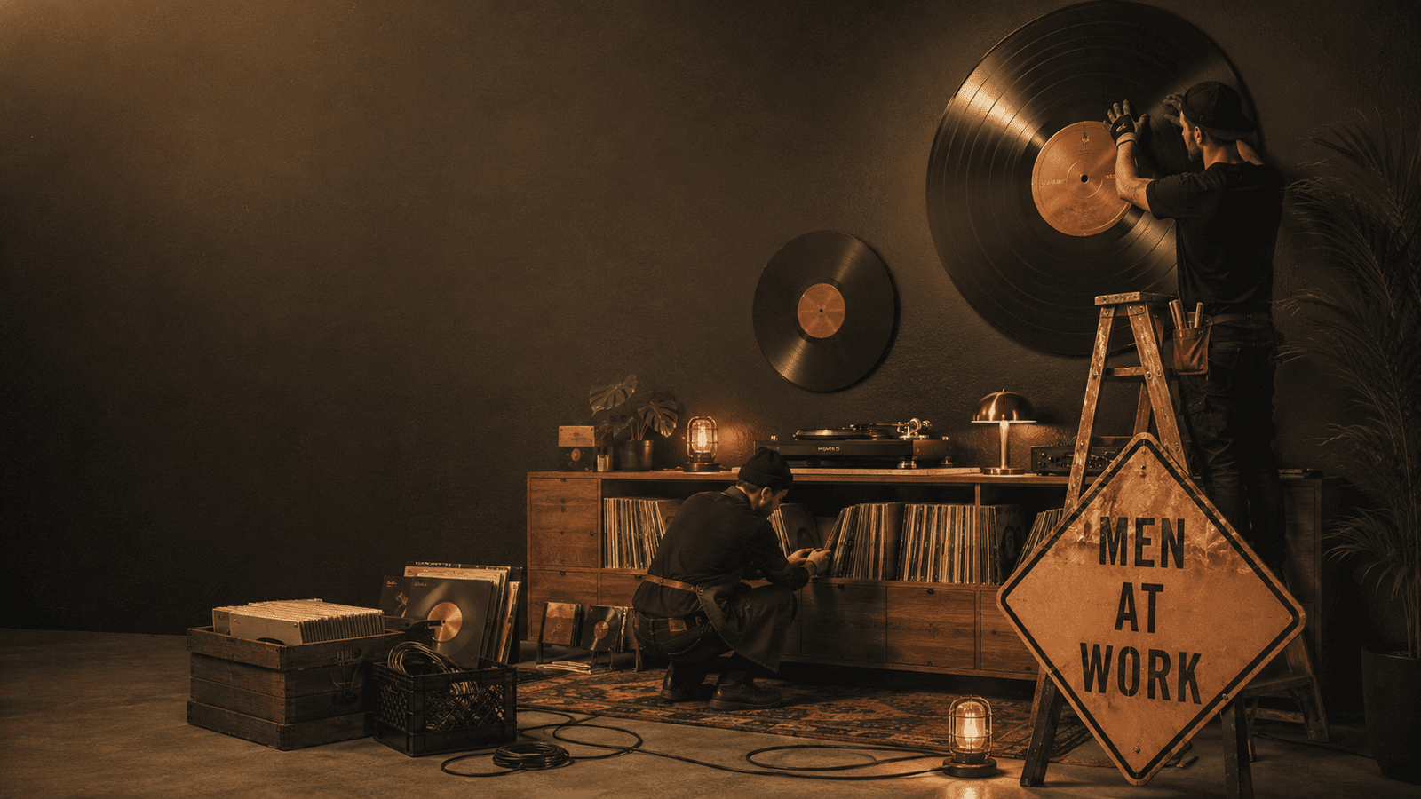 Dreams on Vinyl en proceso de actualización, con trabajadores organizando un espacio de discos de vinilo bajo un letrero Men at Work
