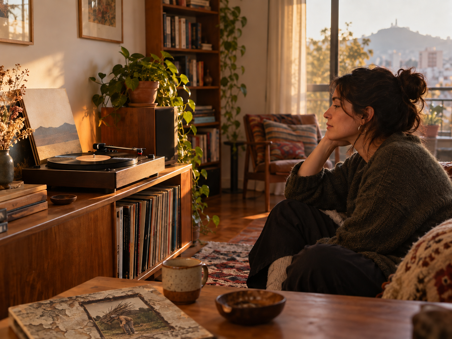 Persona escuchando un disco de vinilo en un tocadiscos en su hogar.