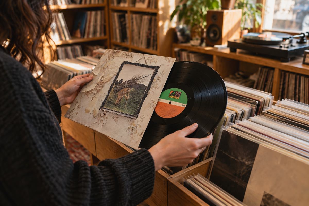 Persona revisando un disco de vinilo en una tienda de música.